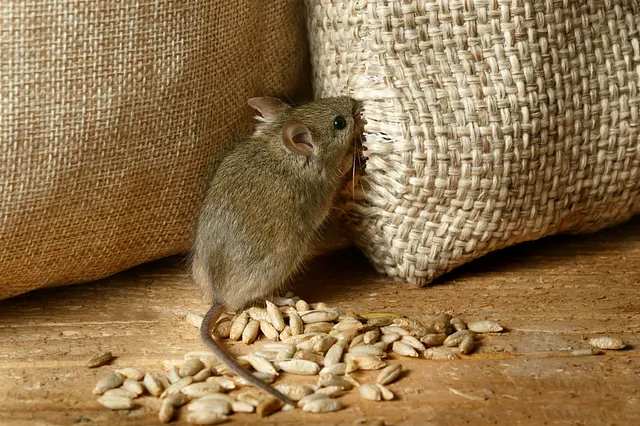 Eine Maus frisst sich in einen Sack voller Körner. 