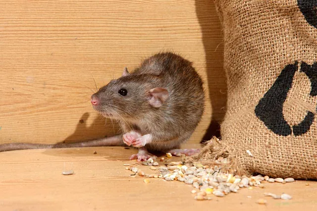 Eine Ratte frisst Körner aus einem Getreidesack. Rattenbekämpfung in Bremen verhindert, dass sich die Nager vermehren und größere Schäden anrichten. 