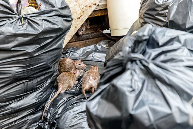 Drei Ratten suchen im Müll nach Nahrung. Kammerjäger raten zur Prävention und Vermeidung von aktiver Rattenbekämpfung in Bremen, dass Müll nicht im Freien auf dem Boden gelagert werden sollten. 